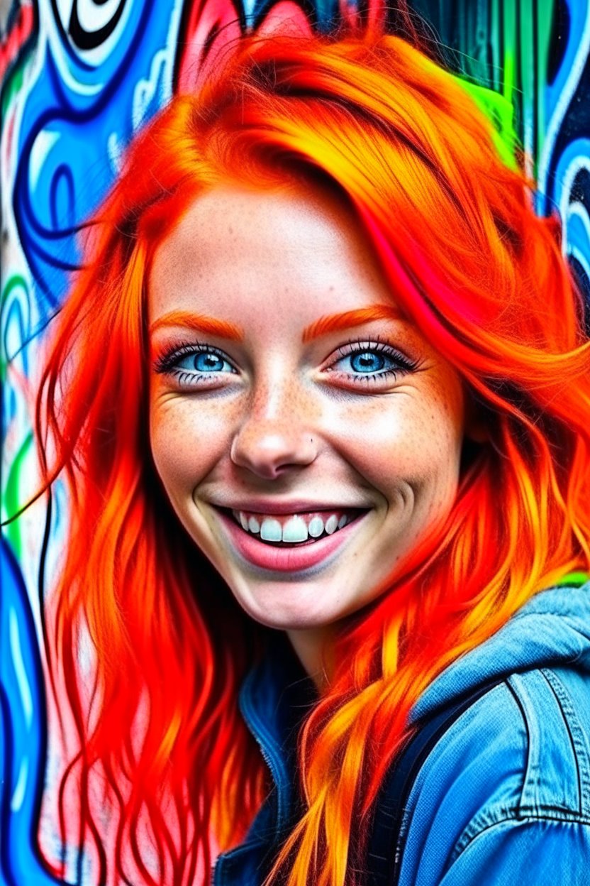 portrét šťastné dívky s modrýma očima a zrzavými vlasy (styl grafiti)