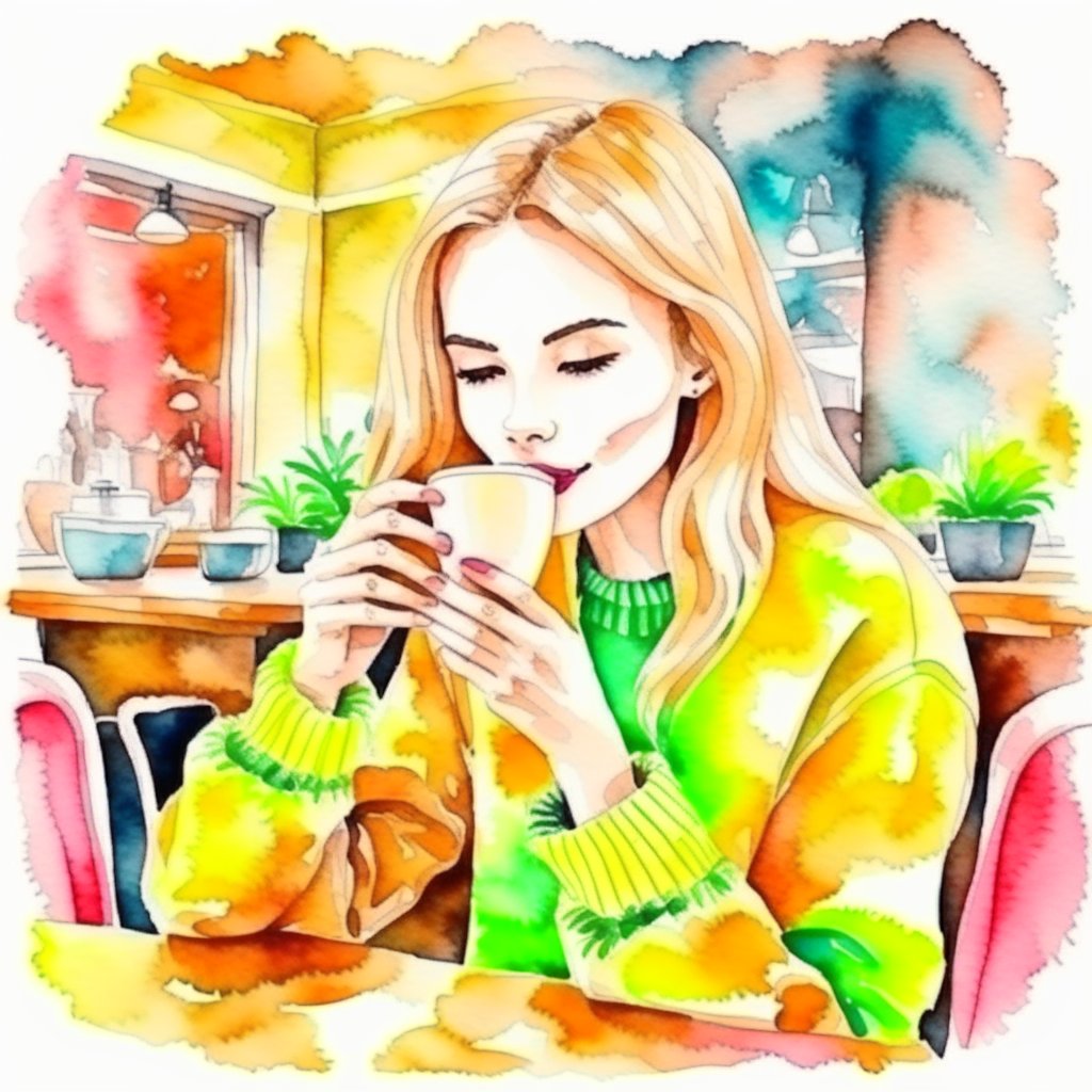 dívka pijící kávu v kavárně (styl vodové barvy)