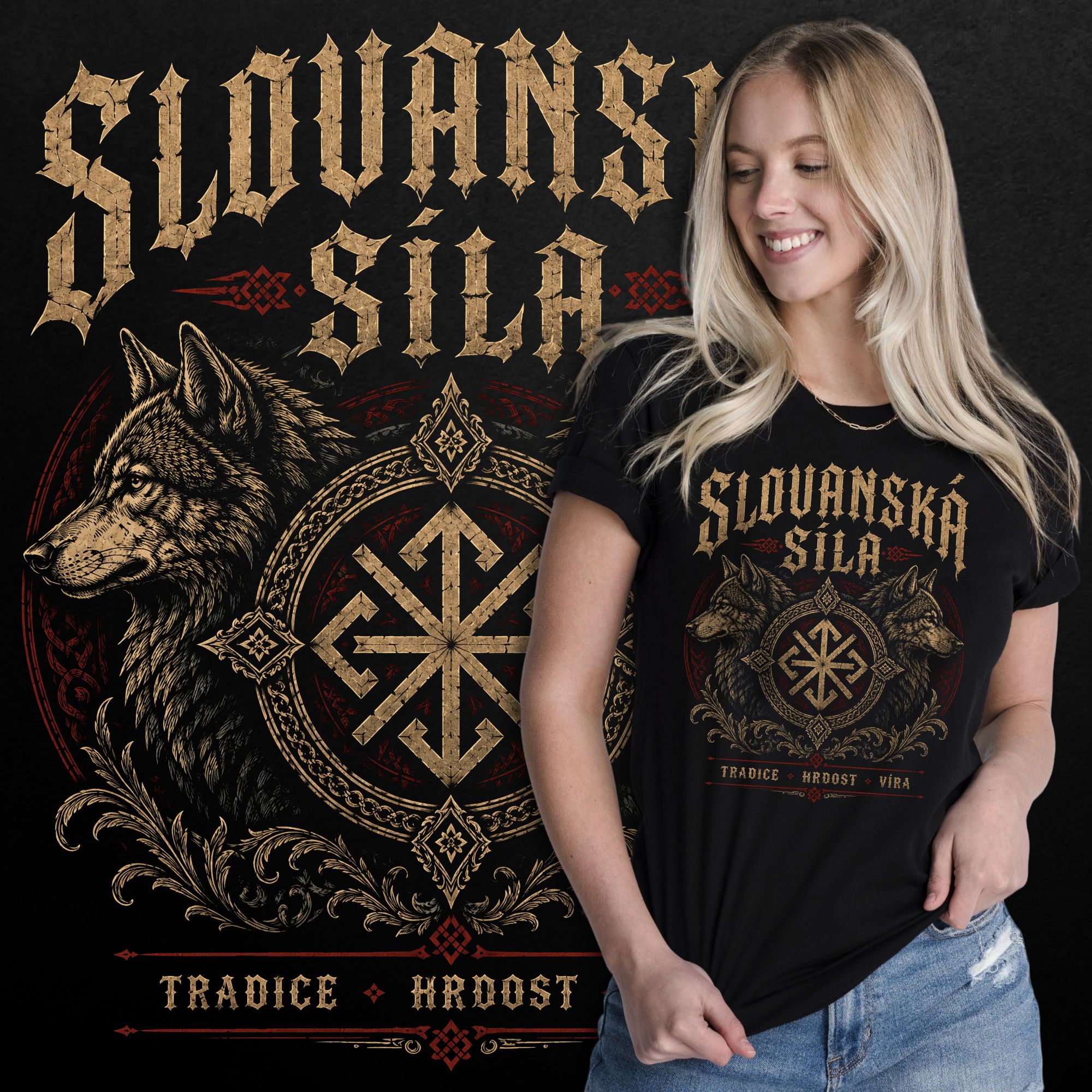Tričko s potiskem Slovanská síla - Tradice - Hrdost - Víra - dámské