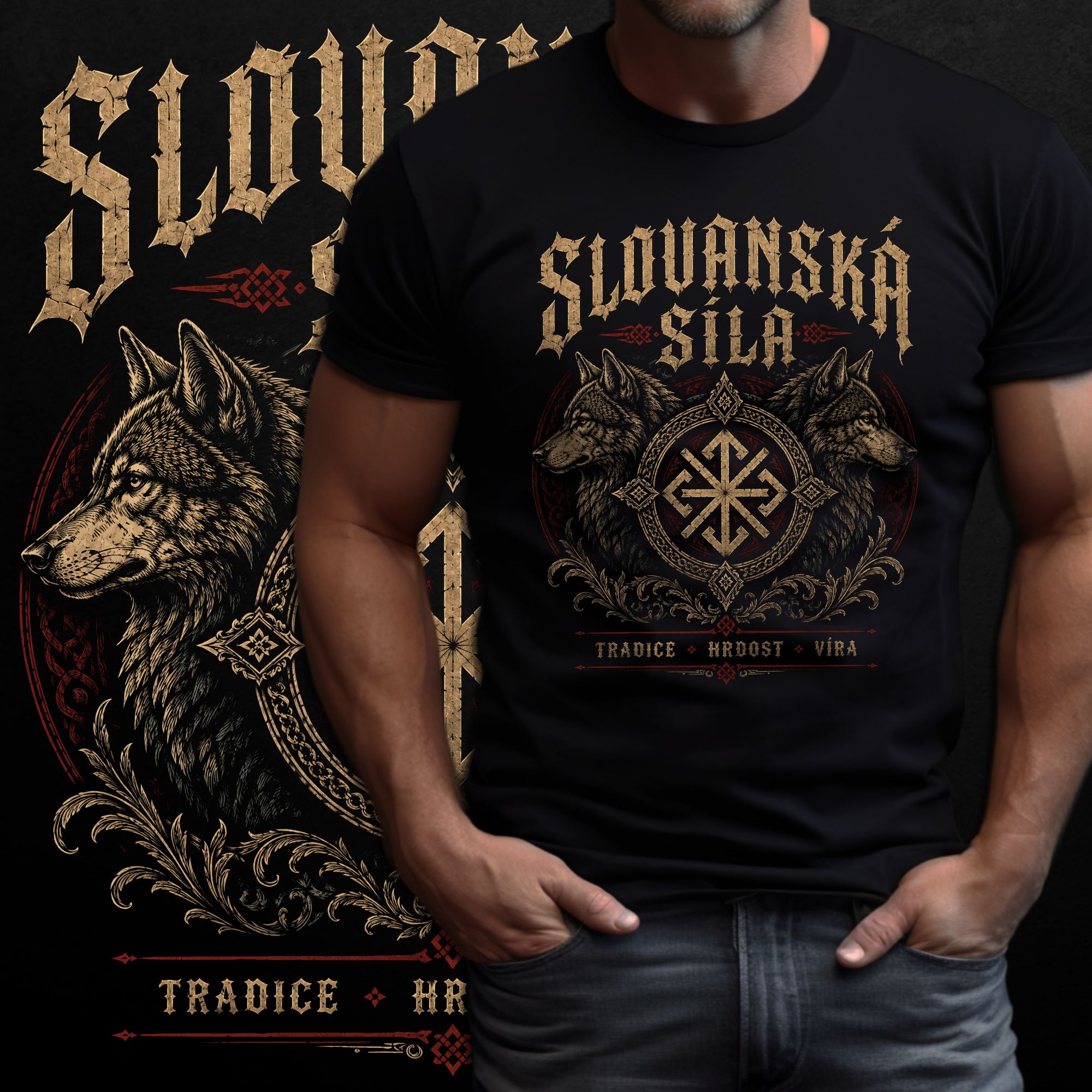 Tričko s potiskem Slovanská síla - Tradice - Hrdost - Víra