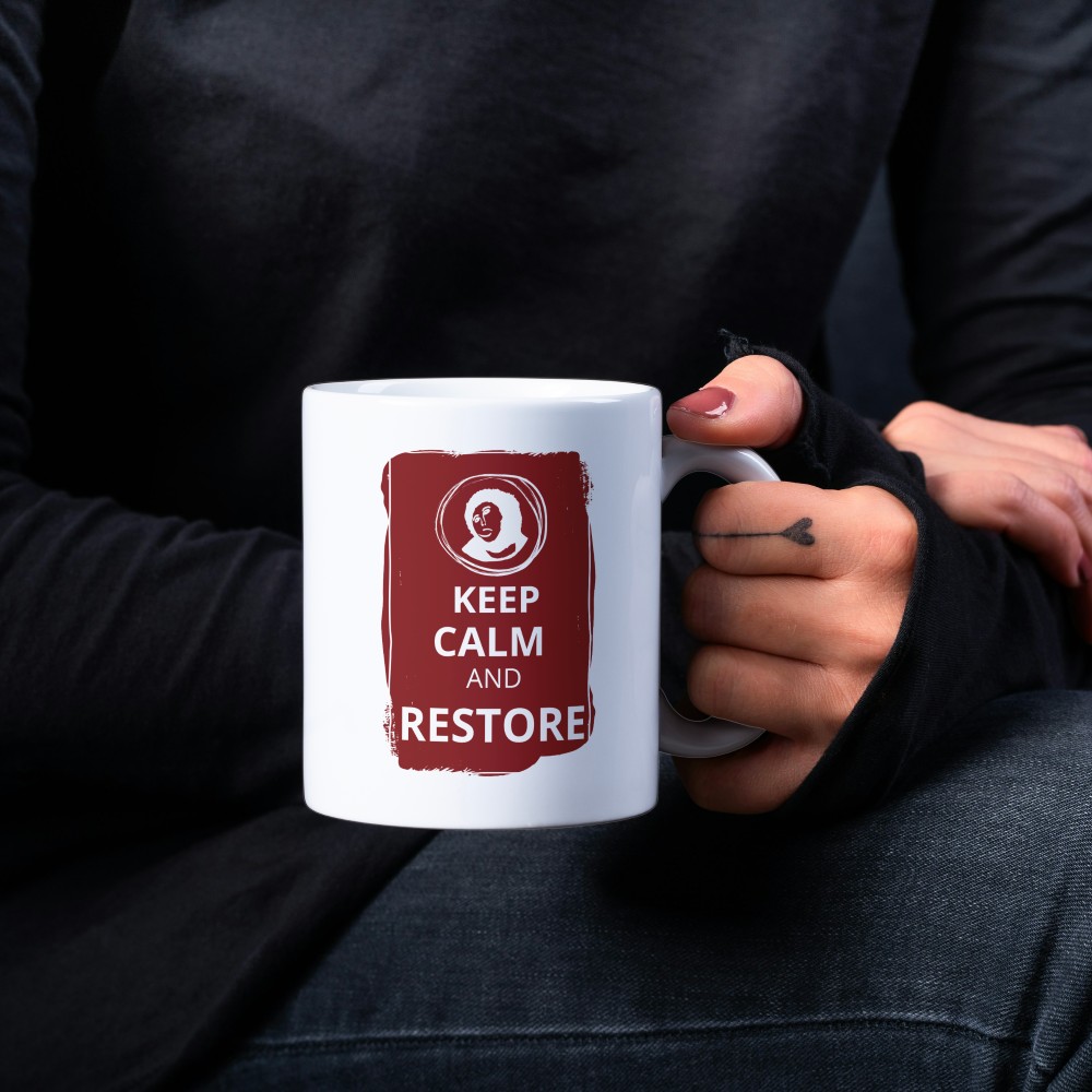 Hrnek malý bílý s potiskem Pauza - Keep Calm and Restore 