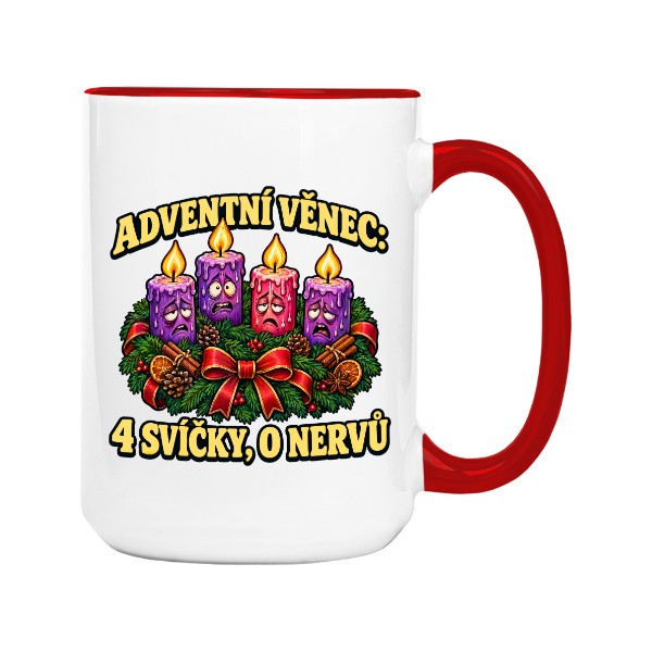 Hrnek velký barevný s potiskem Adventní věnec: 4 svíčky, 0 nervů – adventní káva