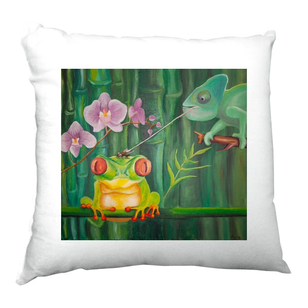 Polštář saténový s potiskem Art -Chameleon a žába