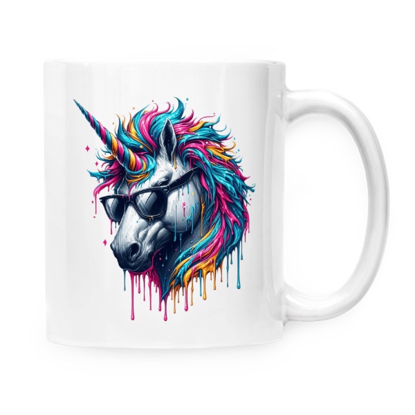 Hrnek malý bílý s potiskem Barevný jednorožec v brýlích