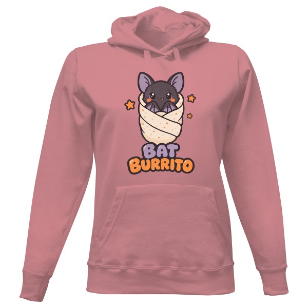 Dámska mikina s kapucňou s potlačou Bat Burrito – netopier zabalený do teplej deky
