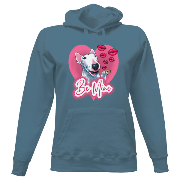 Dámská mikina s kapucí s potiskem Be Mine Bulteriér Růžové Srdce