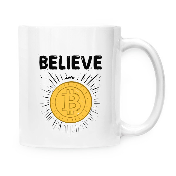 Hrnek malý bílý s potiskem Believe in Bitcoin