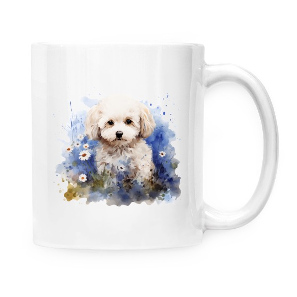 Hrnek malý bílý s potiskem Bišonek s květinami