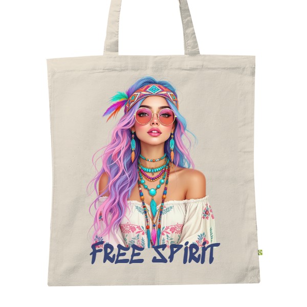BIO plátěná taška s potiskem Boho pastelová dívka s upravitelným textem FREE SPIRIT