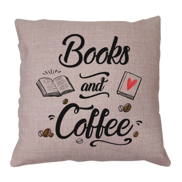 Béžový polštář s potiskem Books and Coffee