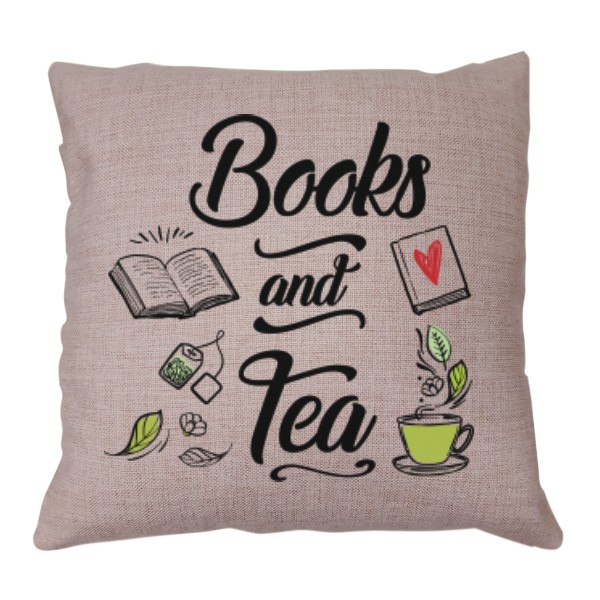 Béžový polštář s potiskem Books and Tea