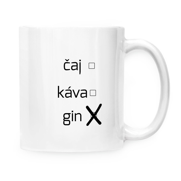 Hrnček malý biely s potlačou čaj, káva, gin