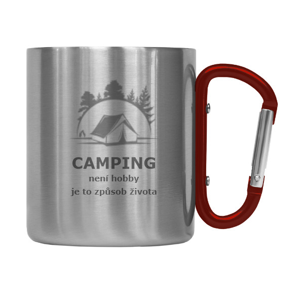 Hrnek nerez s karabinou s potiskem Camping není hobby - je to způsob života