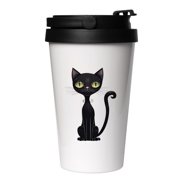 Cestovní nerezový hrnek s potiskem Černá kočička