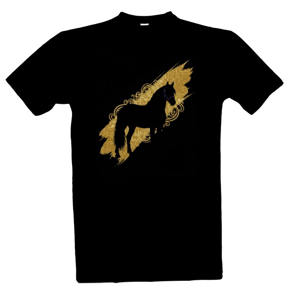 Tričko s potiskem Černý fríský kůň se zlatou grafikou