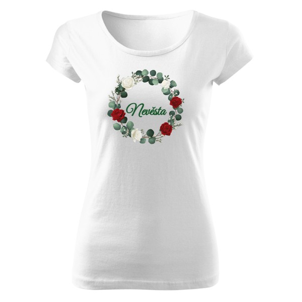 Tričko s potiskem Červené růže a eukalyptus věneček svatba