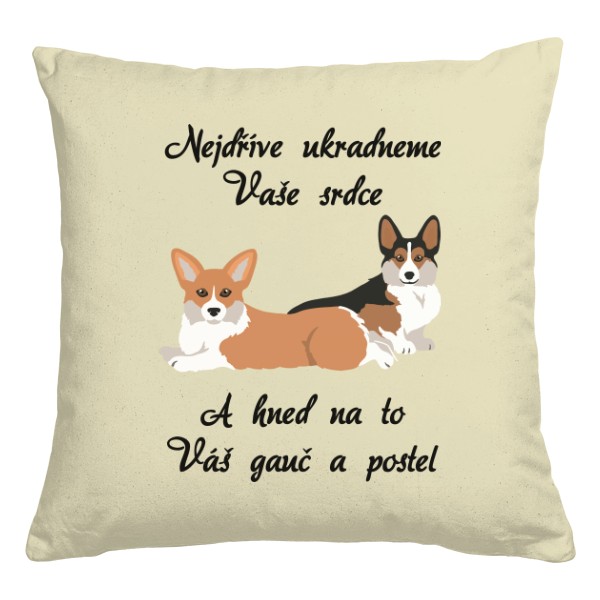 Polštář bavlněný  s potiskem Corgi krádež srdce, gauče a postele na polštáři