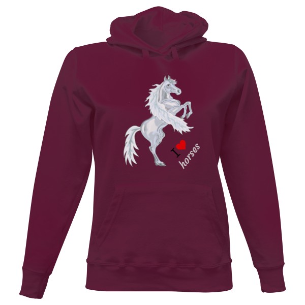 Dámská mikina s kapucí s potiskem Dámské tričko - I love horses - Bílý kůň