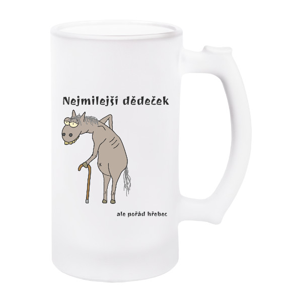 Korbel na pivo - matné sklo s potiskem Dědeček hřebec