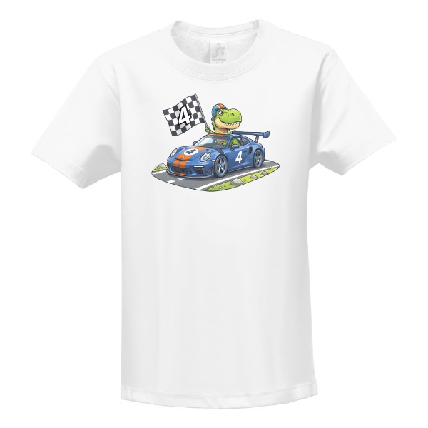 T-shirt Dinosaur in a racing car
