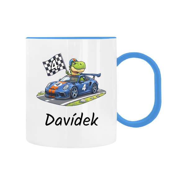 Plastic children's mug Dinosaur in a racing car for kindergarten with name