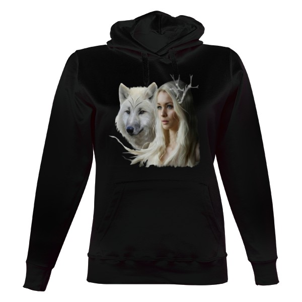 Dámská mikina s kapucí s potiskem dívka a vlk1
