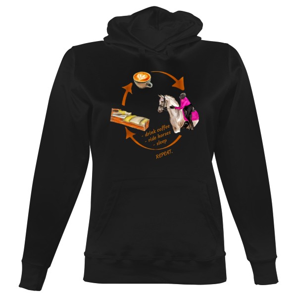 Dámská mikina s kapucí s potiskem Drink coffee-Ride-Sleep-REPEAT