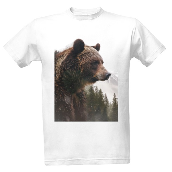 Graphic collage of bear head and forest landscape