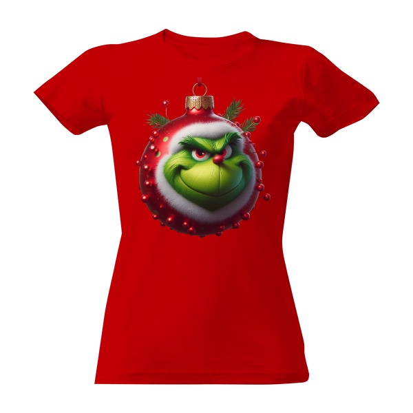 Tričko s potiskem Grinch jako vánoční koule