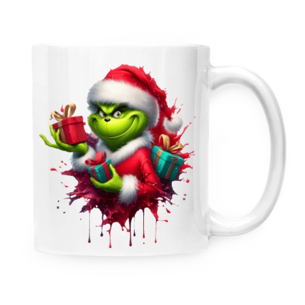 Hrnek malý bílý s potiskem Grinch s dárky se usmívá 2