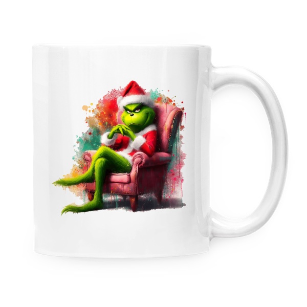 Hrnček malý biely s potlačou Grinch v křesle