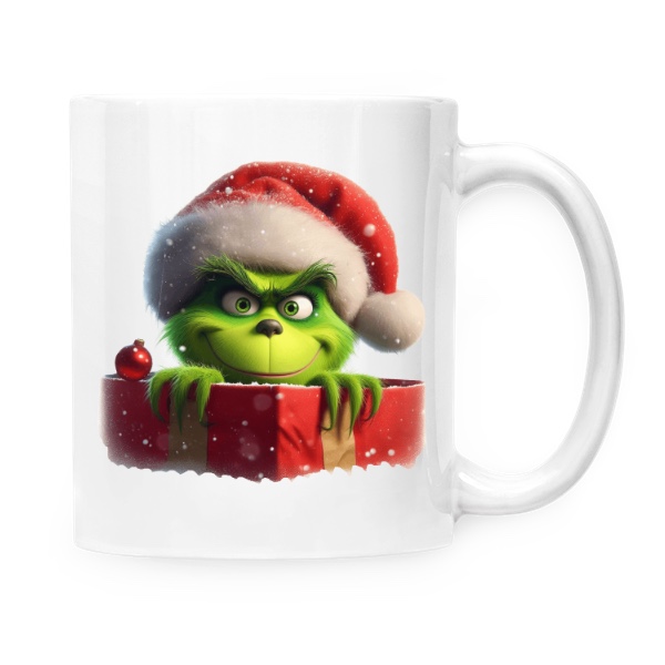 Hrnček malý biely s potlačou Grinch vykukuje z dárku 2