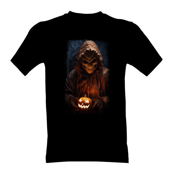Tričko s potiskem Halloween - děsivá postava skull s hořící dýní