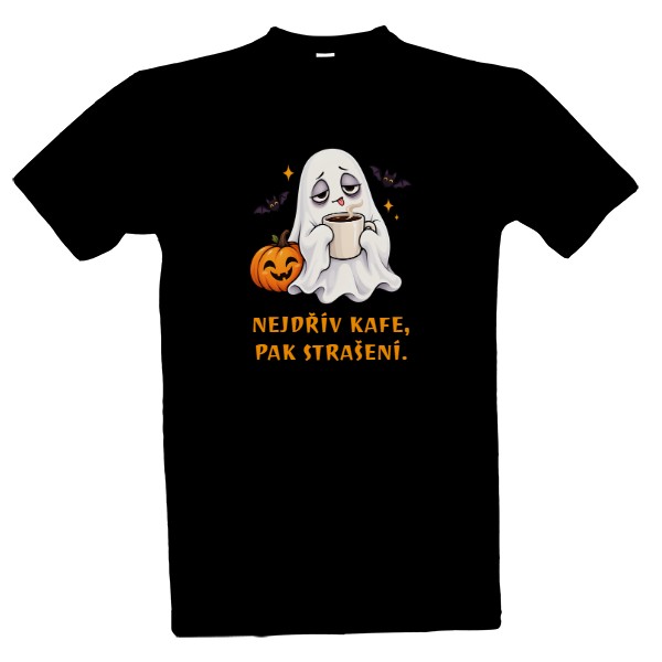 Tričko s potiskem Halloween – Nejdřív kafe, pak strašení
