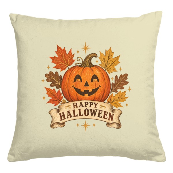 Vankúš bavlnený s potlačou Happy Halloween – jesenná dekorácia s tekvicou