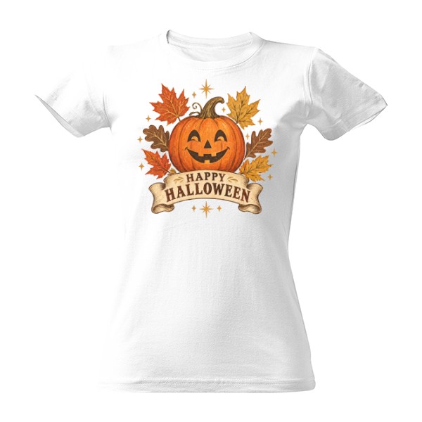 Tričko s potiskem Happy Halloween – vintage dýně a podzimní listí
