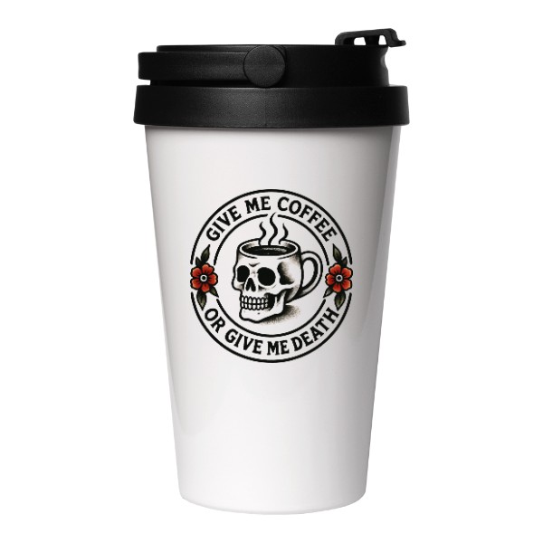Cestovný nerezový hrnček s potlačou Coffee or Death