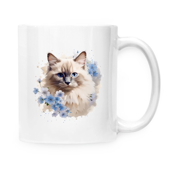 Hrnek malý bílý s potiskem Ragdoll kočka s květinami