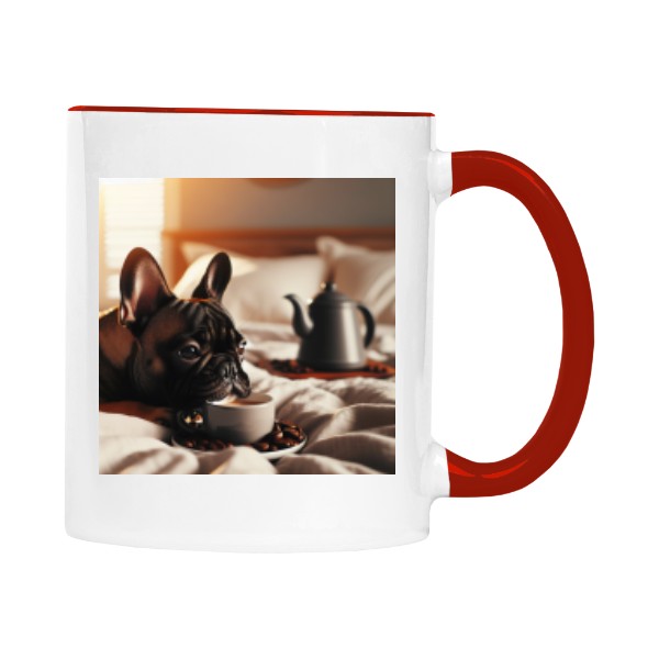 Hrnek malý barevný s potiskem Ranní káva v posteli s buldočkem