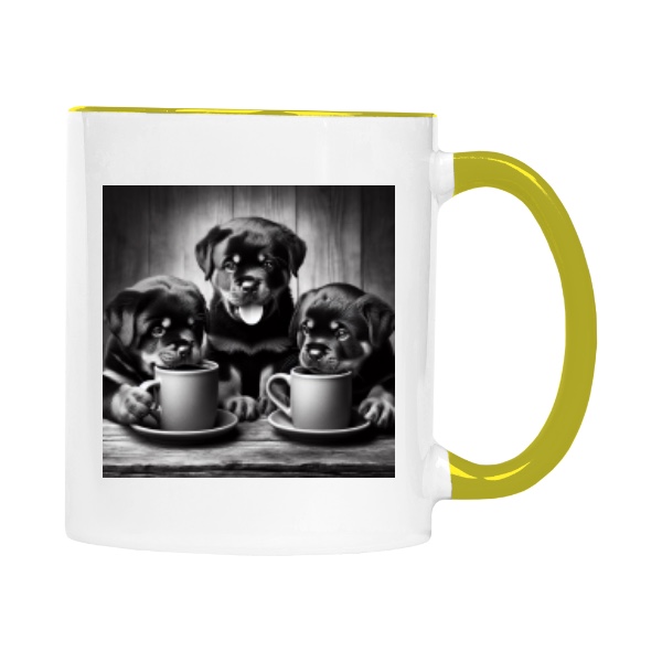 Hrnček malý farebný s potlačou Ranní káva se štěňaty rotvajlera