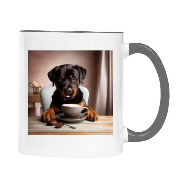 Hrnek malý barevný s potiskem Neodolatelné štěně rotvajlera u misky