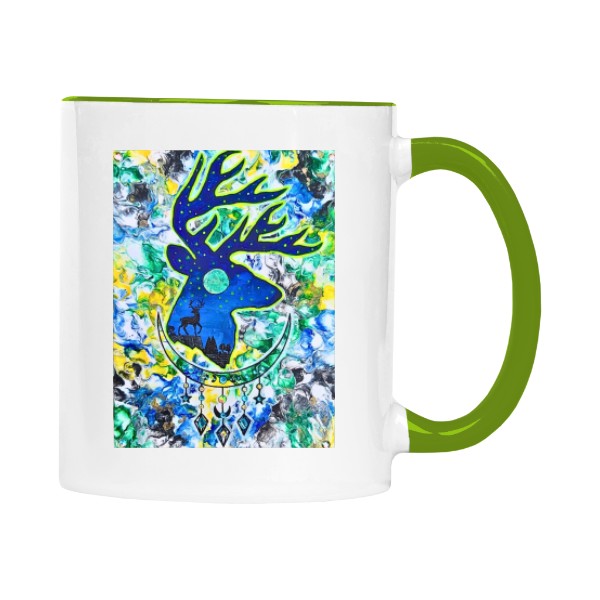 Hrnek malý barevný s potiskem Jelen – Mystický zvířecí motiv měsíce s hvězdami