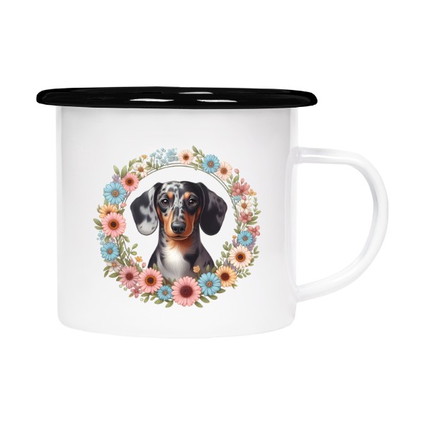 Plecháček - smaltový lem s potiskem jezevčík merle s květinami