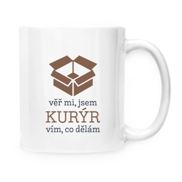 Hrnek malý bílý s potiskem Jsem kurýr a vím, co dělám