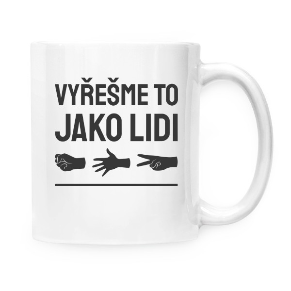 Hrnek malý bílý s potiskem Kámen nůžky papír