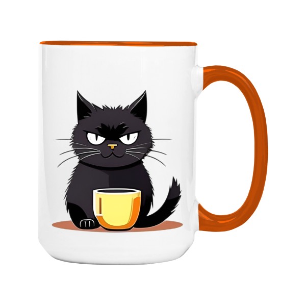 Hrnek velký barevný s potiskem Kočka s hrnkem kávy