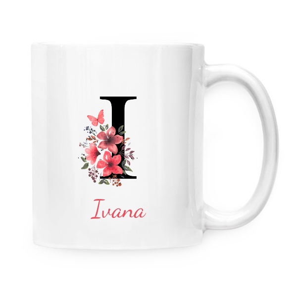 Cup white s potiskem Květinové písmeno I s upravitelným jménem