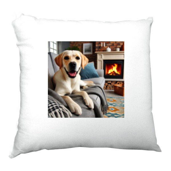 Satin Pillow Labrador by the fireplace