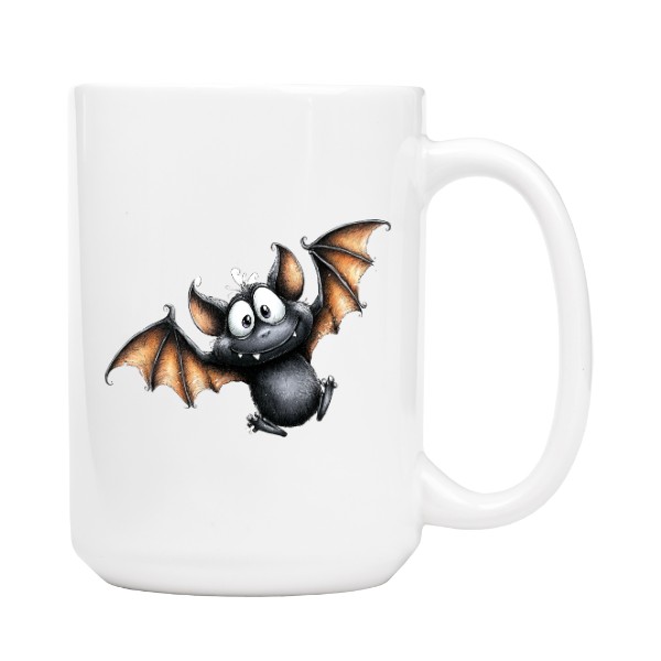 Hrnek velký bílý s potiskem Malý Drákula - halloweenský netopýr