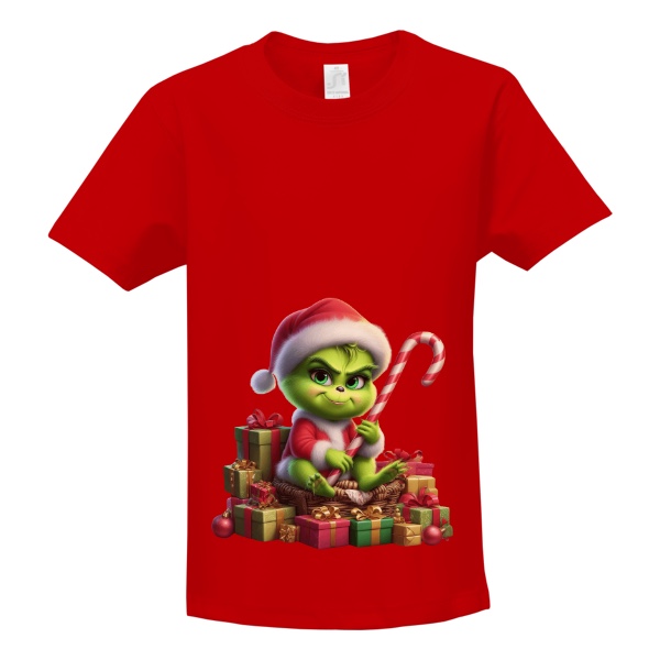 Tričko s potiskem Malý Grinch sedí na dárcích